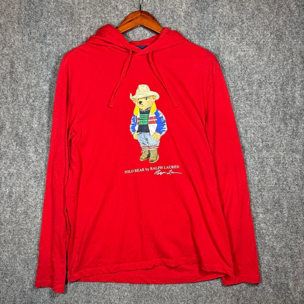 Polo Ralph Lauren Bear Hoodie Red Cowboy Hat Graphic Long Sleeve Tee Mens M